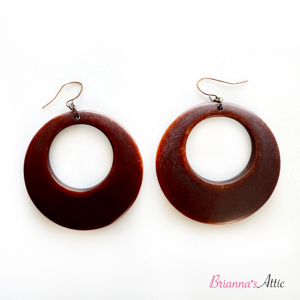 Wood finish designer round dangling earrings, brown